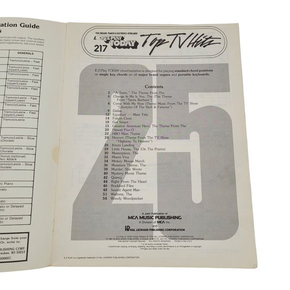 E-Z Play Today Top TV Hits #217 Organ, Piano and Electric Keyboard Sheet Music - Picture 2 of 6